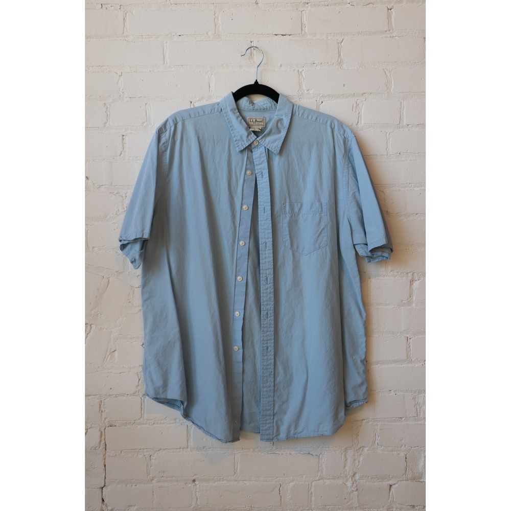 LL Bean Mens Light Blue Short Sleeve Button Down Cotton Shirt Large L-REG O27G7